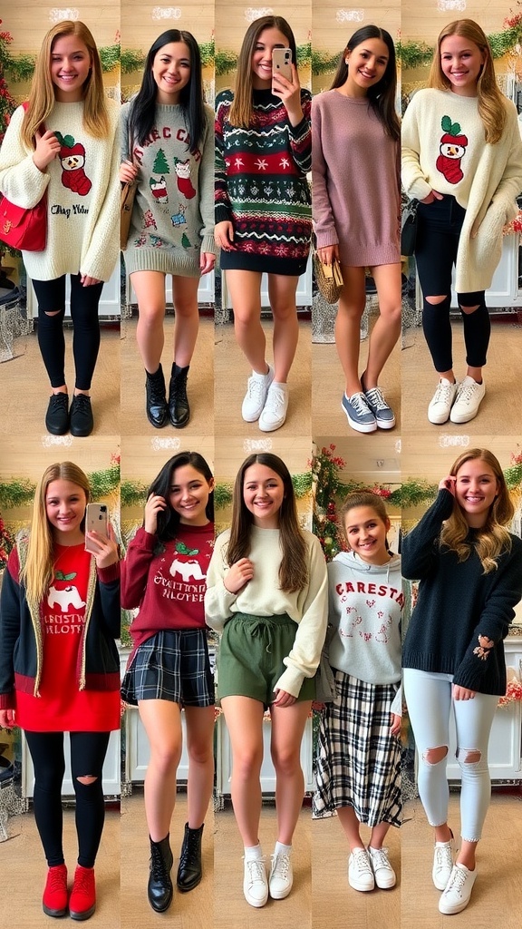 University students in stylish Christmas outfits, including sweaters, dresses, and loungewear, surrounded by holiday decorations.
